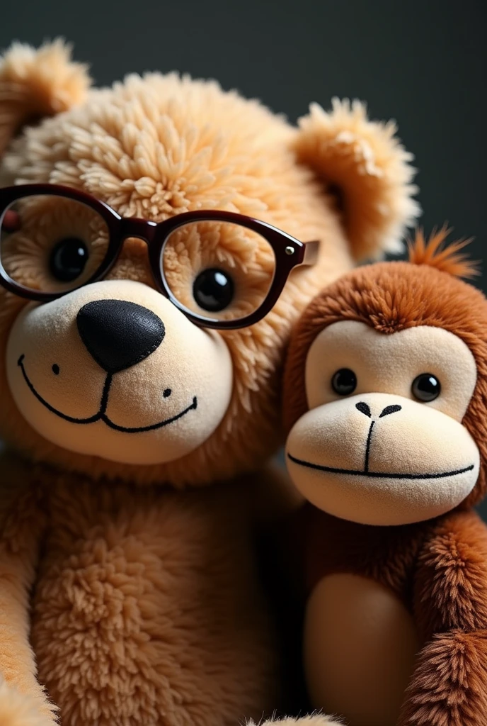 A teddy bear wearing glasses and a smiling stuffed monkey are side by side、The monkey plush has narrow eyes.