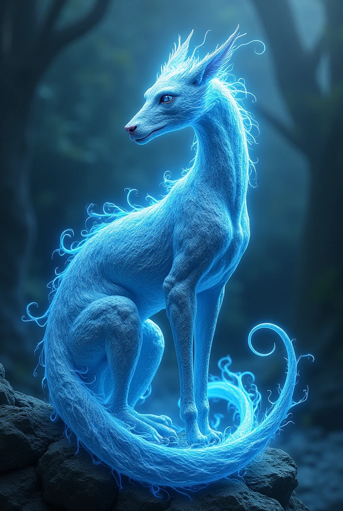Its exterior is covered in bright blue fur.,Long tail,((translucent humanoid)),The body glows,Walking on water and reflecting,Weeds in the forest,Light and shadow effects,A wonderful sight,Cleavage close-up