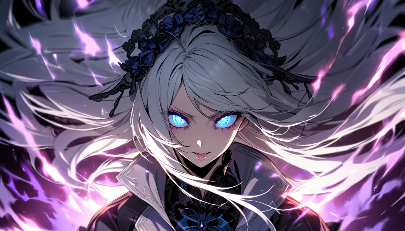 woman, blue eyes, long hair, white hair, mature, god eyes, glowing eyes, beautiful, two-color eyes, one blue eye, one purple eye, light aura, creepy eyes