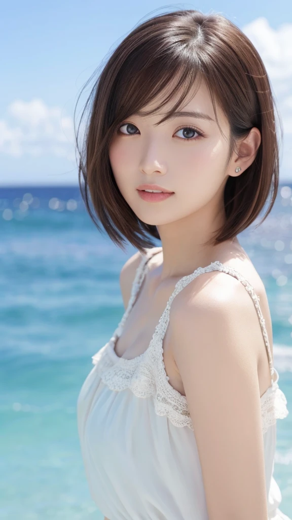masterpiece、Highest quality、High resolution、Tabletop、wallpaper、Realistic、Bright lighting、Professional Lighting、Face Light、Smooth lighting、Japanese women、Adult、Beautiful woman、action、gravure、sexy、poor、so beautiful、Beautiful Skin、Beautiful and detailed、Detailed face、slim、moderately、short hair、Brunette Hair、Brown eyes、Looking at the camera、I am eating ice cream.、blue sky、Ocean、