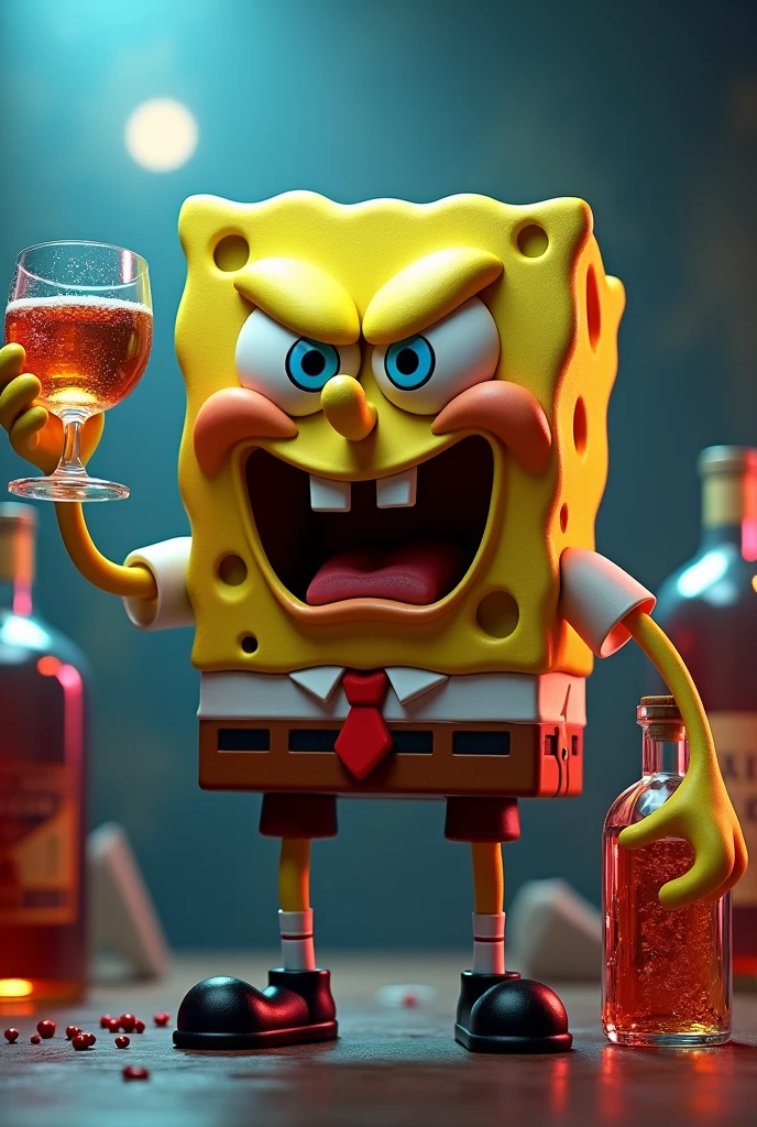 Spongebob is hold a alcohol glasses and one hand is hold alcohol bottle and nice backgroujd and 3d style art and angry face 