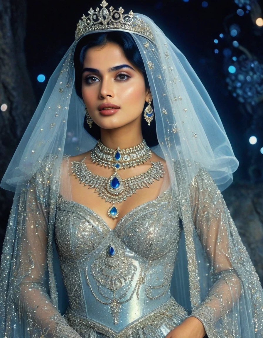 celestial beautiful and elegant young Hazrat prophetess cinderella 1990 live - action movie first look, grainy, vhs filter, wearing glittery tulle cape and glittery tulle cloak as ancient and enigmatic muslim prophetess with irresistible holy aura, invites the wretched and beggers to islam and monothemism and allah, divine, Full coverage in sequins puffy ball gown and tulle cape and tulle cloak and tulle glittery gloves, she is a pure saint with calm and husky and enchanting and mesmerizing and bewitching look, her pose shows her greatness, deeply teasing and stimulating, the cleavage and majestic big bossoms stimulation for viewer, degradate the viewer badly enough to crave her more and more and make them regret looking her, she strides like a ruler, she is like an aphrodisiac, hypnotic eyes for huge power, luxury and regal and formidable, sexually turn anyone on
