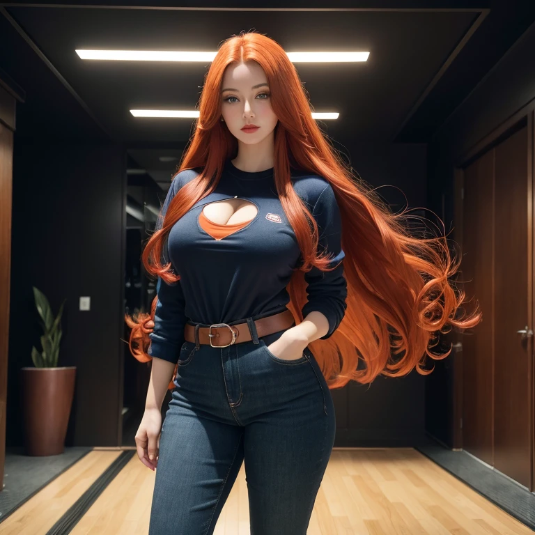 Adult female,Full body suit Perfect facial,Big breasts, perfect face, woman with long red hair and very long red hair, wearing orange t-shirt, curvy body,red lips,Standing in the middle of the room , green eyes, super long red hair with very super long red hair, wearing black jeans  with red belt,  proportions high and good of anime figure,ultra detailed, cinematic lighting , perfect face, wearing blue jacket 