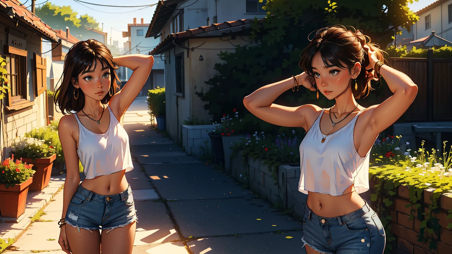 1 female,20-year-old, alone,(With background:garden, In the summer season) , brown hair, medium hair, straight hair, bangs, Are fat, long legs, naked , naked nipples, belly button, (((masterpiece),(Highly detailed CG Unity 8K wallpaper),highest quality,cinematic lighting,detailed background,(very elegant and beautiful),(Beautiful and delicate depiction of eyes),Super detailed,masterpiece)),High resolution,Super detailed), (wear:Transparent tank top, Short jeans skirt, necklace, earrings), hands up, hands behind head