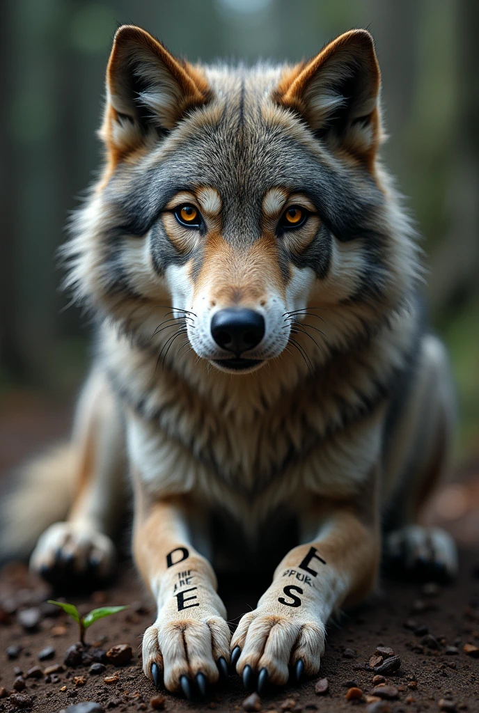 a wolf with letters fused on its paws