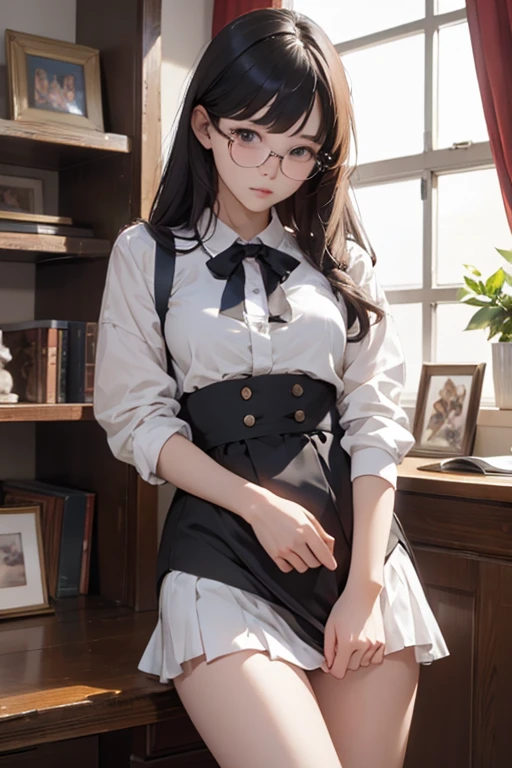 Highest quality、masterpiece、High sensitivity、High resolution、Detailed Description、Slender women、Glasses、The skirt seems to turn up、Protect with your hand、