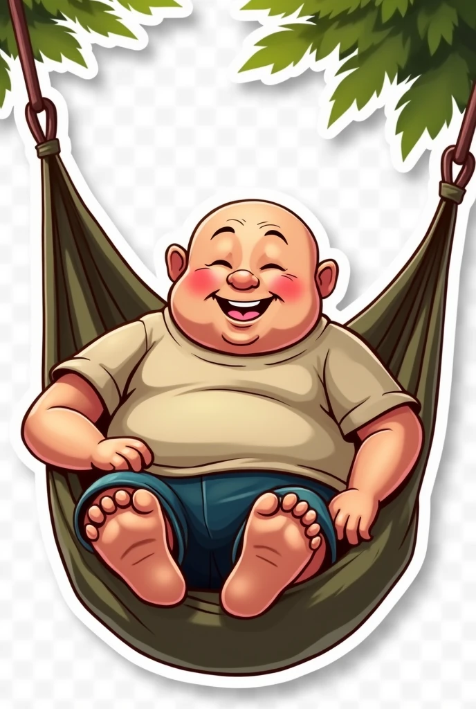 Transparent background drawing of a white elderly man, fatter,who has no beard or mustache, happy bald man, lying in a hammock like a sticker