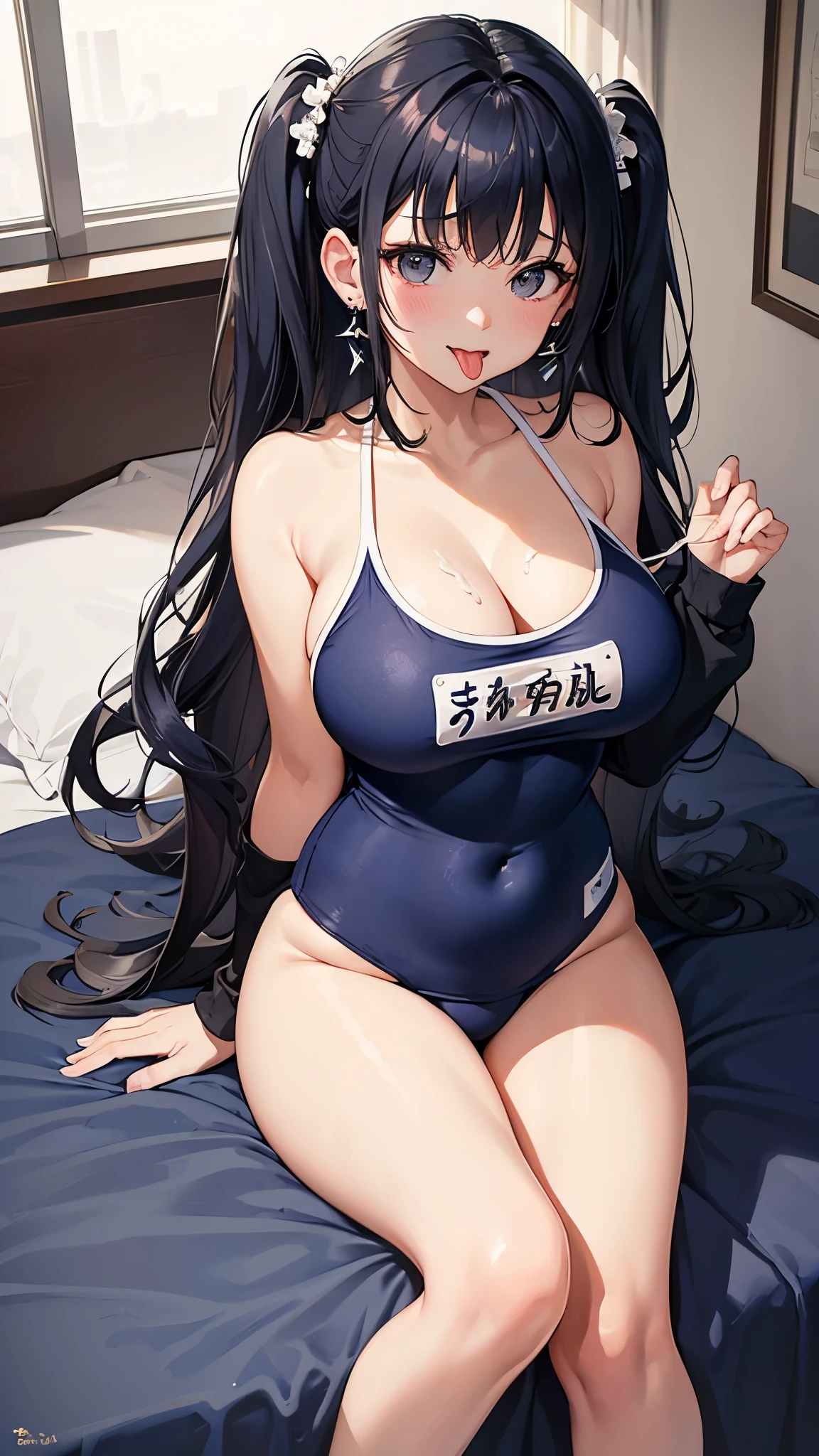 (masterpiece、Highest quality、Very detailed))、One Girl、Black Hair、short hair、Twin tails、Blunt bangs、Wavy Hair、Grey Eyes、((Open your mouth))、((Cum on tongue))、((Lots of earrings))、((Very large breasts))、((navy blue school swimsuit, side White line))、Cleavage、Off the shoulder、((Thick waist))、Thighs、Kneel、On the bed、Bedroom Background、Sideboob、はみ出したおっぱい