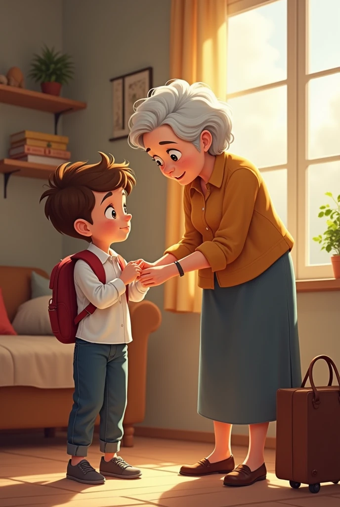 Image of grandmother helps grandson to get him ready for school 