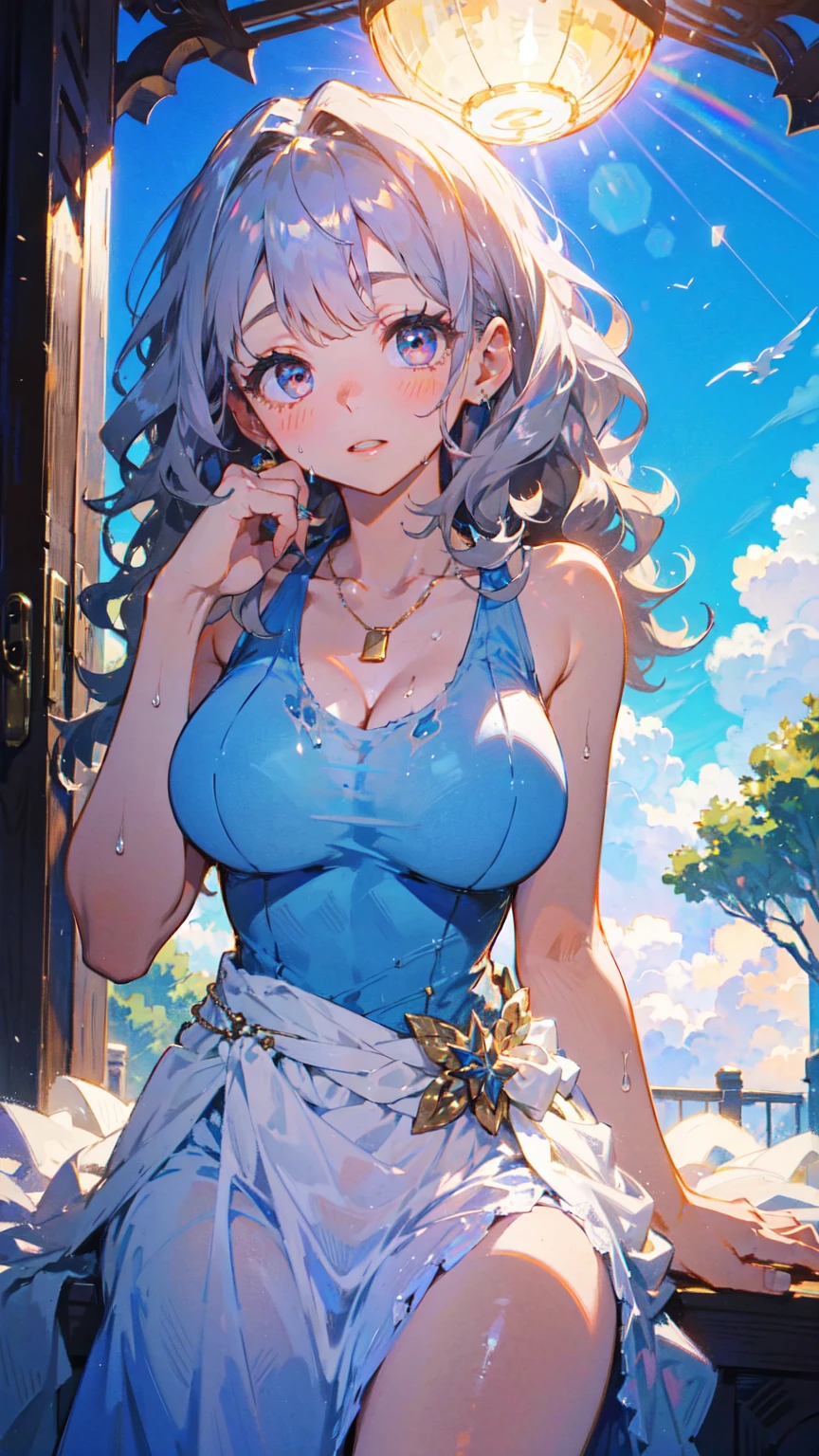 woman, solo, Mauve Hair, Long hair that reaches down to the waist, ((Wavy Hair)), Trimmed bangs, Clear skin, large breasts, Narrow waist, Posing with the back of the hand resting on the waist, Big eyes, Rainbow Eyes, A one-piece dress cinched at the waist, bare shoulders, Light blue dress, Daytime, Blue sky, Shining Sun, Large Entrance Clouds, Backlight, Looking up at the sky, Dripping Sweat, A chest that reveals the collarbone, Silver thin necklace,