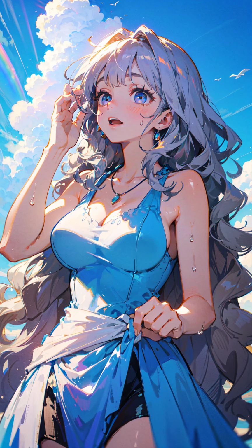 woman, solo, Mauve Hair, Long hair that reaches down to the waist, ((Wavy Hair)), Trimmed bangs, Clear skin, large breasts, Narrow waist, Posing with the back of the hand resting on the waist, Big eyes, Rainbow Eyes, A one-piece dress cinched at the waist, bare  shoulders, Light blue dress, Daytime, Blue sky, Shining Sun, Large Entrance Clouds, Backlight, Looking up at the sky, Dripping Sweat, A chest that reveals the collarbone, Silver thin necklace, 