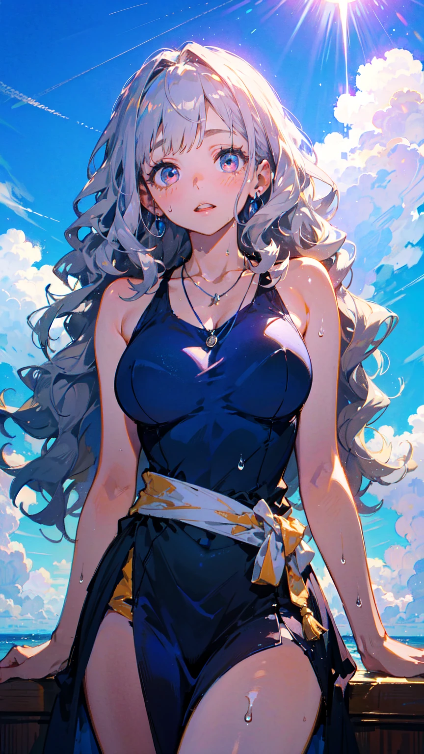 woman, solo, Mauve Hair, Long hair that reaches down to the waist, ((Wavy Hair)), Trimmed bangs, Clear skin, large breasts, Narrow waist, Posing with the back of the hand resting on the waist, Big eyes, Rainbow Eyes, A one-piece dress cinched at the waist, bare  shoulders, Light blue dress, Daytime, Blue sky, Shining Sun, Large Entrance Clouds, Backlight, Looking up at the sky, Dripping Sweat, A chest that reveals the collarbone, Silver thin necklace, 
