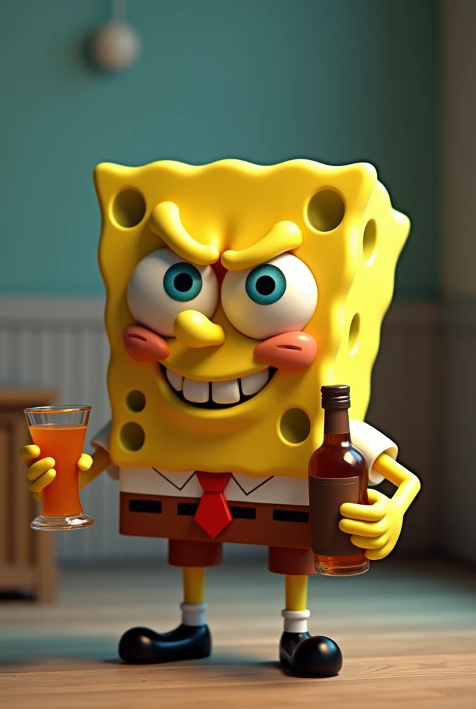 Spongebob is hold a alcohol glasses and one hand is hold alcohol bottle and nice backgroujd and 3d style art and angry face 