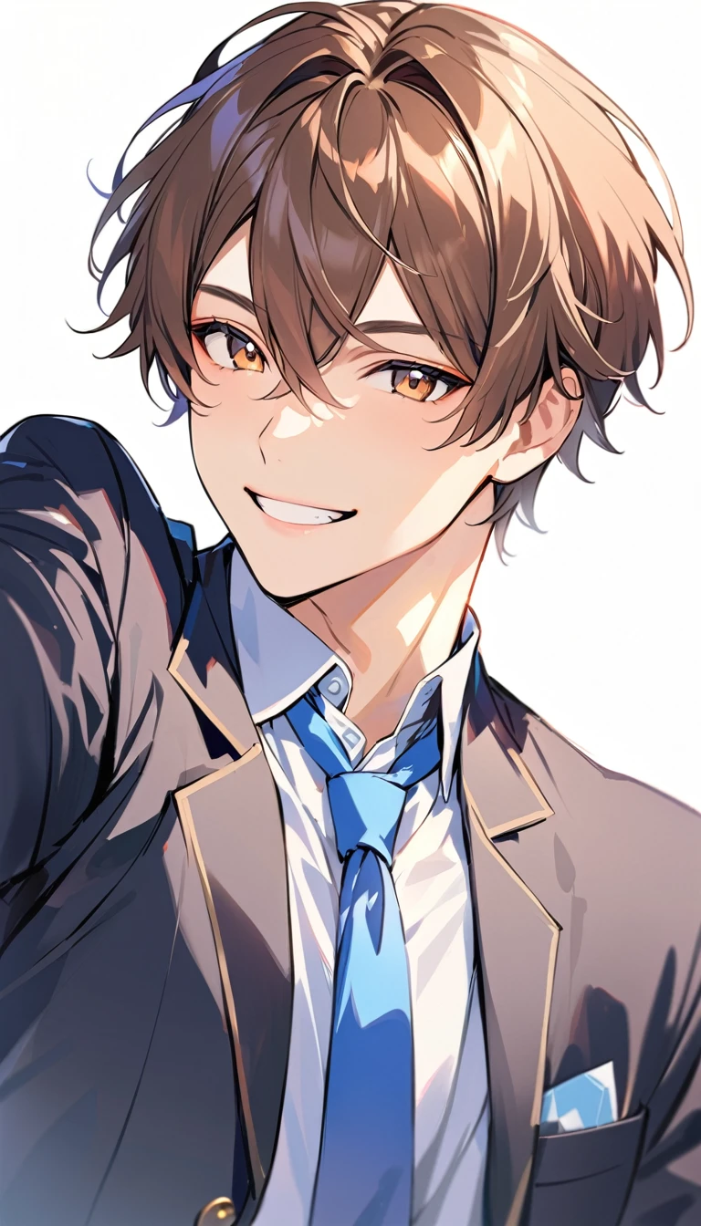 20 years old, a handsome boy, Brown Hair, Short Hair, smile,blazer,Blue tie, high school student, white background