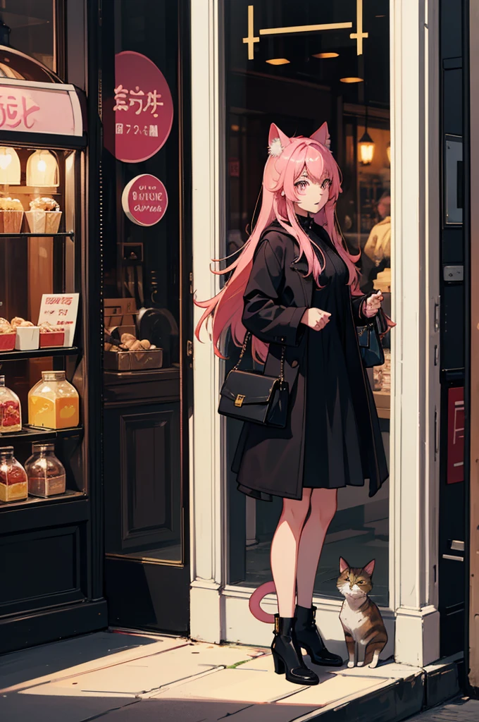 Young woman, темная street, Rear lighting, shop windows, cat in reflection, dark, light in hair, street, coat, black dress, handbag, Abyssinian cat, pink hair girl, Going forward, короткое coat