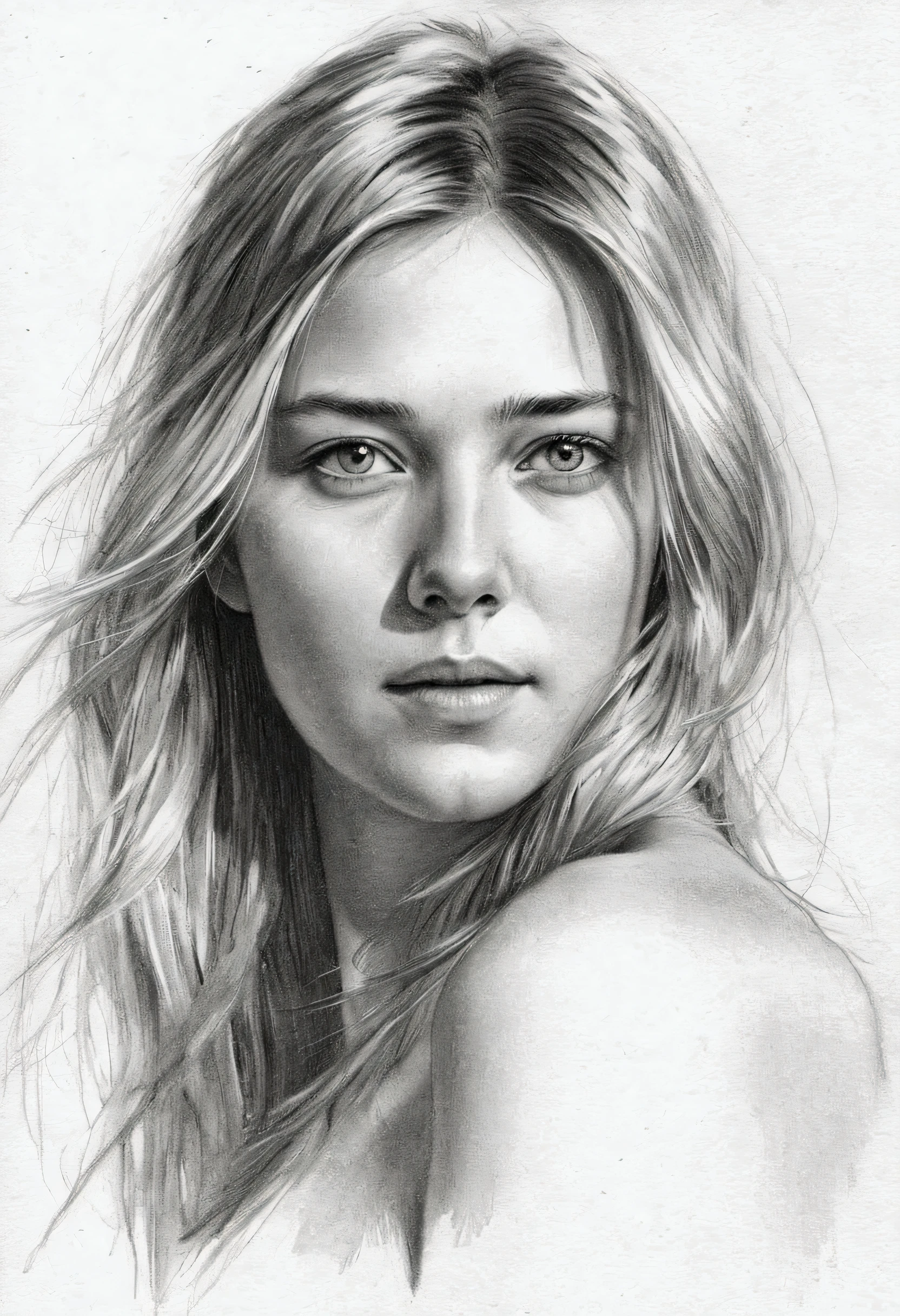 A delicate, graphite sketch portrays, a nude young beautiful Maria Sharapova, medium firm breasts, standing bare feet without background, her features rendered in subtle shading and precise lines. The framing is tight, focusing attention on the subject's serene face. Soft, feathery strokes convey the gentle texture of her hair, 