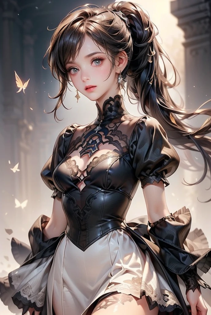  (((masterpiece, of the highest quality, super detailed))), (a witch belonging to an occult order of knights), (a knight crossed with a witch), (big forhead:1.2), extremely detailed cute anime face, intricate eyes,beautiful detailed eyes,symmetrical eyes,(((detailed face))),beautiful detailed lips, (((dark hair, long ponytail, thick ponytail, heavy ponytail))), (((Very sharp focused eyes))), ((small breasts)), very long eyelashes, occult aesthetic, (resolved expression), resolute expression), Victorian era inspired, ((minimal but intricate beautiful armour)), (Fluttering lace flared dress with frilly petticoats), ((Bloodbourne inspired)), ((nier automata inspired)), (red and white clothing detailed and intricate steampunk and detailed gothic), (with a hood), complex lace boots, 