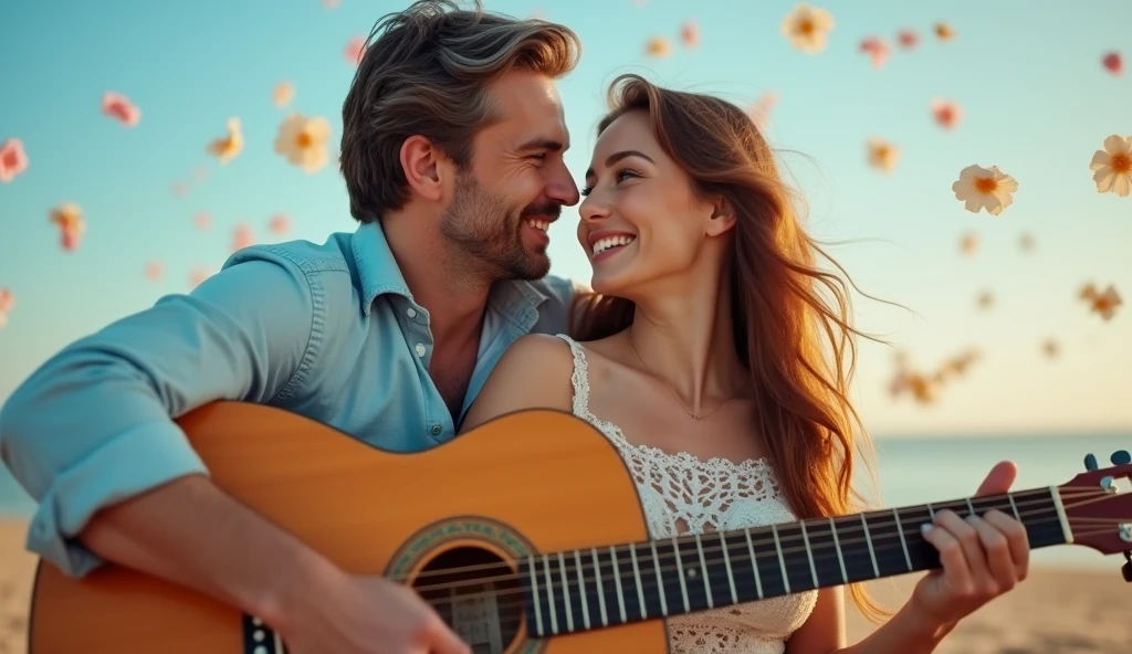 ((best quality)), ((masterpiece)),(detail), perfect face, full body shot of a young europe couple playing guitar, v-line face and blue eyes, Clear face, clear guitar, latin style, retro vintage and romanticism, flower's petals flying across the sky, hyper-realistic photos, 8k, ultra high resolution,sharp faces