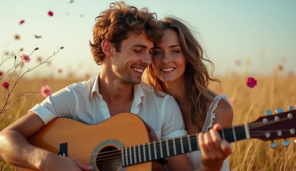 ((best quality)), ((masterpiece)),(detail), perfect face, full body shot of a young europe couple playing guitar, v-line face and blue eyes, Clear face, clear guitar, latin style, retro vintage and romanticism, flower's petals flying across the sky, hyper-realistic photos, 8k, ultra high resolution,sharp faces