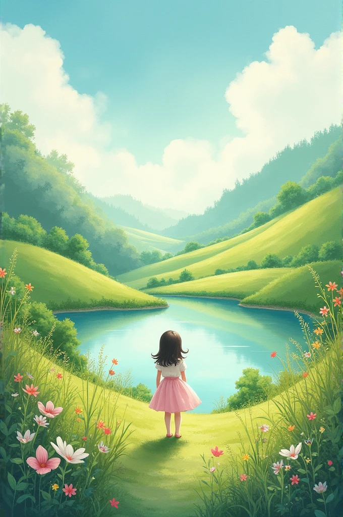 Imagine our future life. The character is small, a single girl. It's a watercolor painting, a landscape orientation.