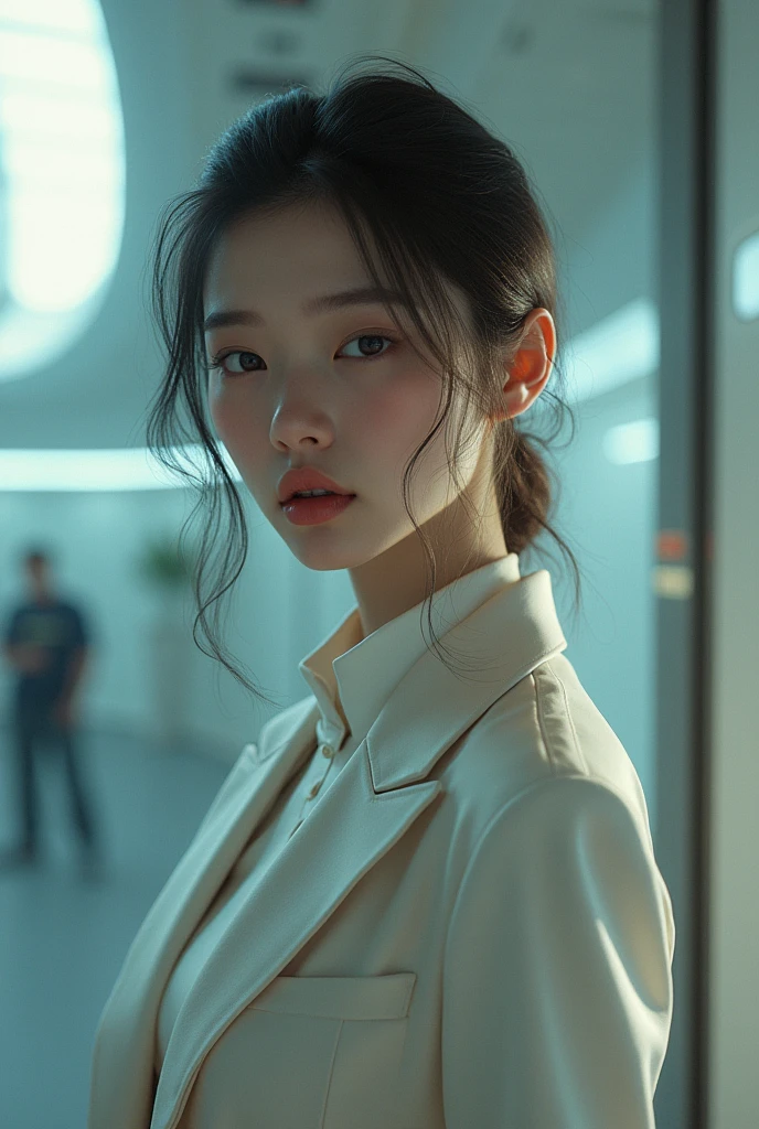(1girl:1.3), solo, __body parts__ delicate and realistic skin, pale skin, big, official art, unified 16k wallpaper, ultra detail, beauty and aesthetics, beauty, masterpiece, best quality, in cyberpunk city, fantastic atmosphere, calm color palette, peaceful mood, soft shadows, flight attendant uniform, glamour