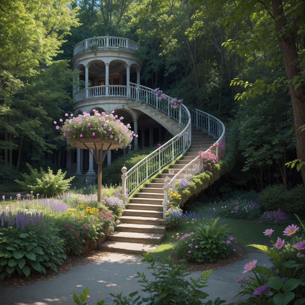  Generate for me a nature image with flowers and butterflies on a spiral staircase