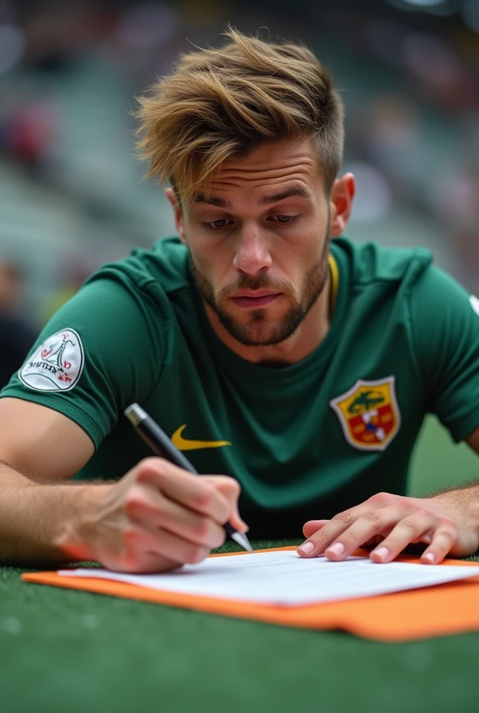 Football player with medium hair signing football team contract