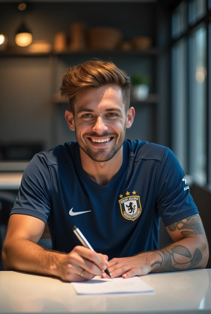 Football player with medium hair signing football team contract 