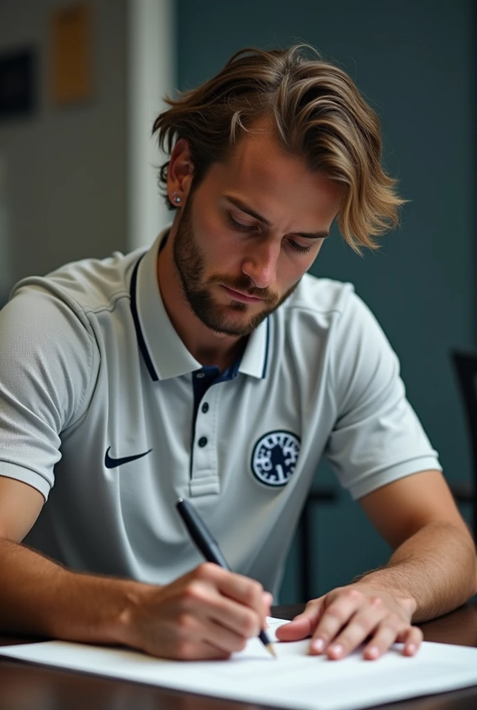 Football player with medium hair signing football team contract