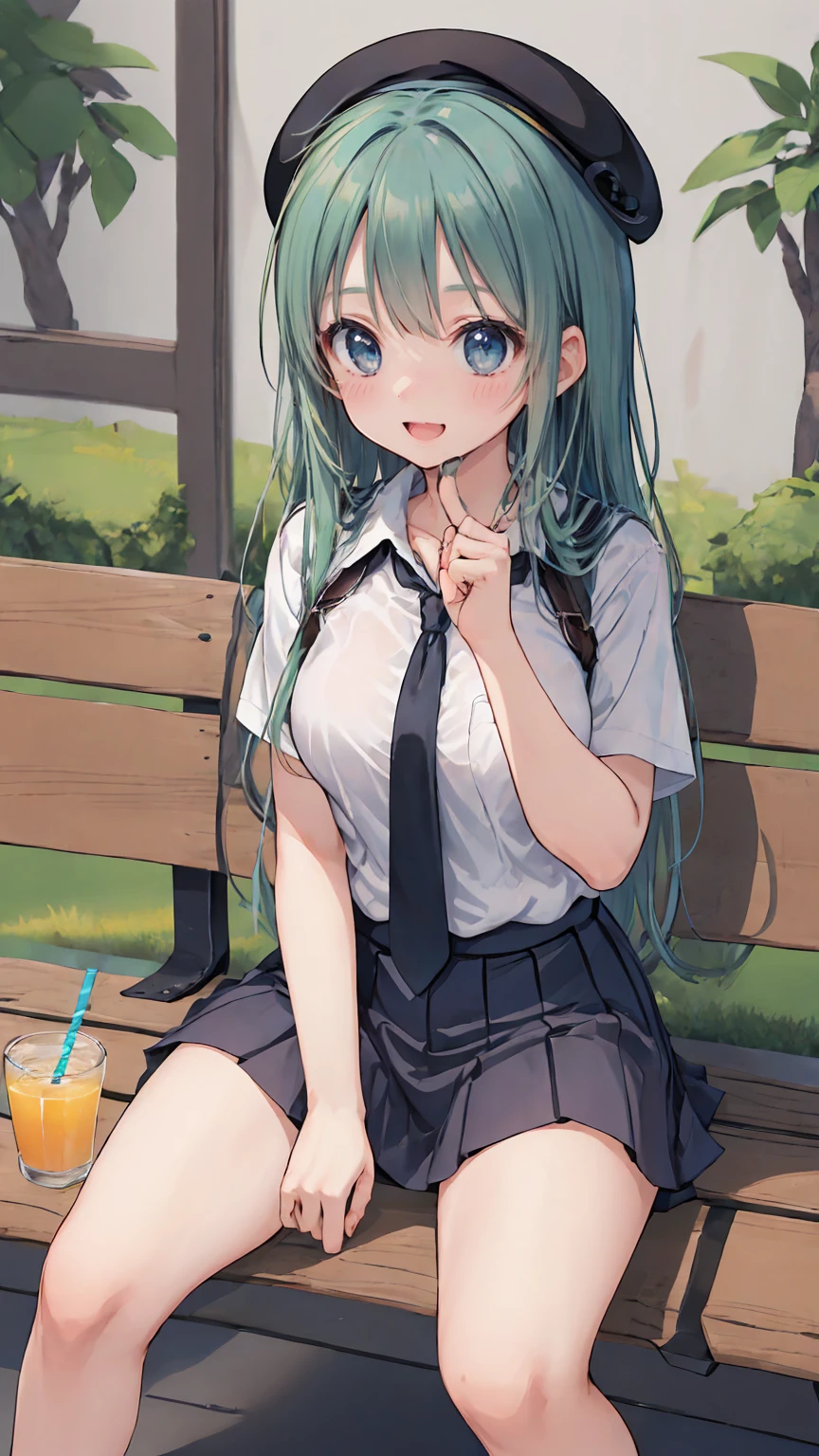 (masterpiece, highest quality), High resolution, Detailed_face:1.2, (cel_anime_style:1.2), Sharpness, 4K, cel anime style, BREAK 1girl, A woman taking a photo, happy smile, Panic face, upset, Open your mouth, Long Hair, Green Hair, Straight hair, Fine skin, Beautiful Hands, Beautiful fingers, Wearing a beret, tie, Short sleeve blouse, Pleated skirt, Thighs, Absolute area, Knee socks, loafers, hand between legs, Hot summer day, School, Schoolyard, Sitting on a bench, drink tropical juice, Natural light, Sharp focus, Hasselblad Photography, Cinema Lighting, whole body, BREAK depth of field, professional lighting, cinematic lighting, lamplight, perfect light, sharp focus, looking at another, looking_away, 5_finger, 4_finger,1_thumb, perfect anatomy, perfect arms, perfect hand, perfect fingers, perfect legs, perfect toes,