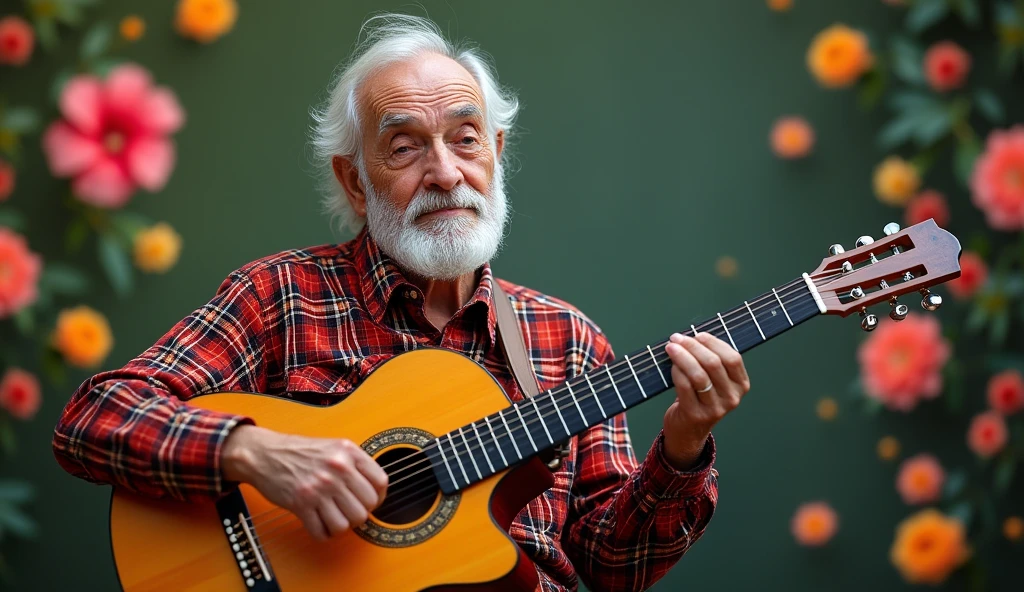 ((best quality)), ((masterpiece)),(detail), perfect face, full body shot of a old europe man playing guitar, Clear face, clear guitar, latin style, colorful flowers flying across the sky, hyper-realistic photos, 8k, ultra high resolution,sharp faces