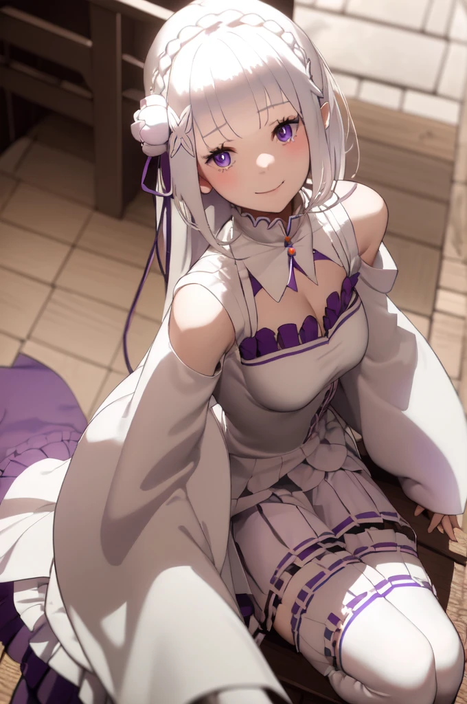 masterpiece, 1girl, Emilia, blunt bangs, long hair, crown braid,
white dress, detached collar, wide sleeves, x hair ornament, hair flower, hair ribbon, white thigh boots, cleavage, purple frills, pleated_white_skirt
sitting on bench, garden, arms at sides,
looking at viewer, (smile:1.2), blush, from above,