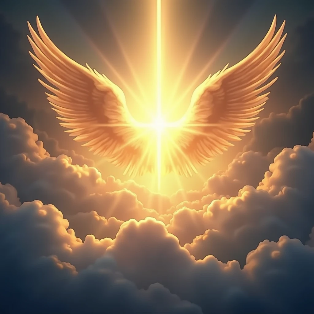 A Catholic music ministry logo. Sound of angelic songs coming from heaven, with a growing and glorious light.