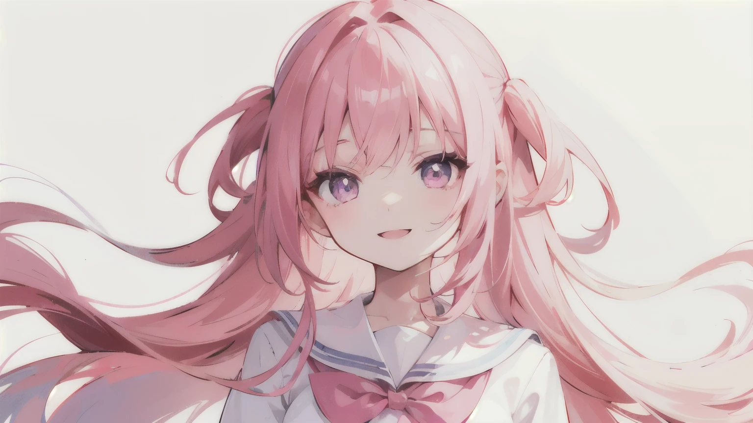 materpiece, Best Quality, 1 girl, pink hair, long straight hair, Wearing a milky white ultra-light pink school uniform, Light pink pupils, Cute girl, purple eyes, smile, upper body