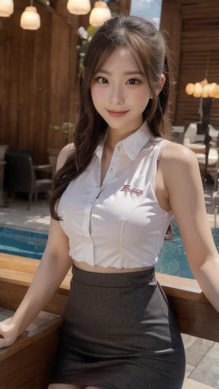 UHD, high quality, best quality, 16k,4K(8K), Business Professional Attire, at the bar, shirt, sleeveless, jacket, looking at viewer, smile with teeth, black thighhigh, blurry background, indoor, bar, natural lighting, night light,