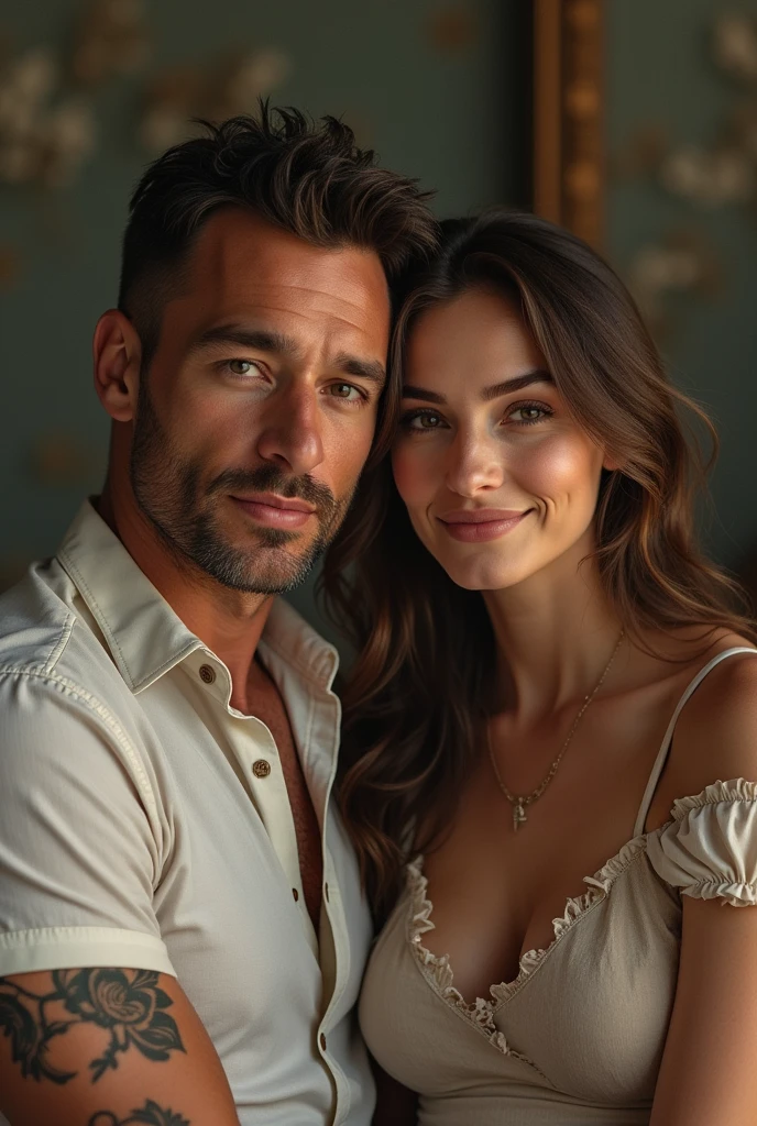 Realistic; Create an image of a couple with a man and a woman on his lap with the same physical characteristics as the reference image