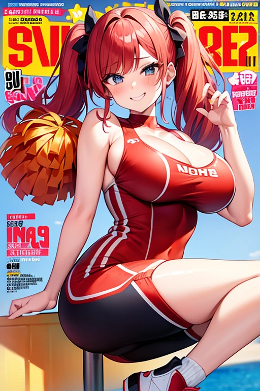 Magazin ecover, redhead, cheerleader outfit, sexy pose, big breasts, pigtails, smile
Magazine cover, redhead, cheerleader outfit, sexy pose, big breasts, pigtails, smile
