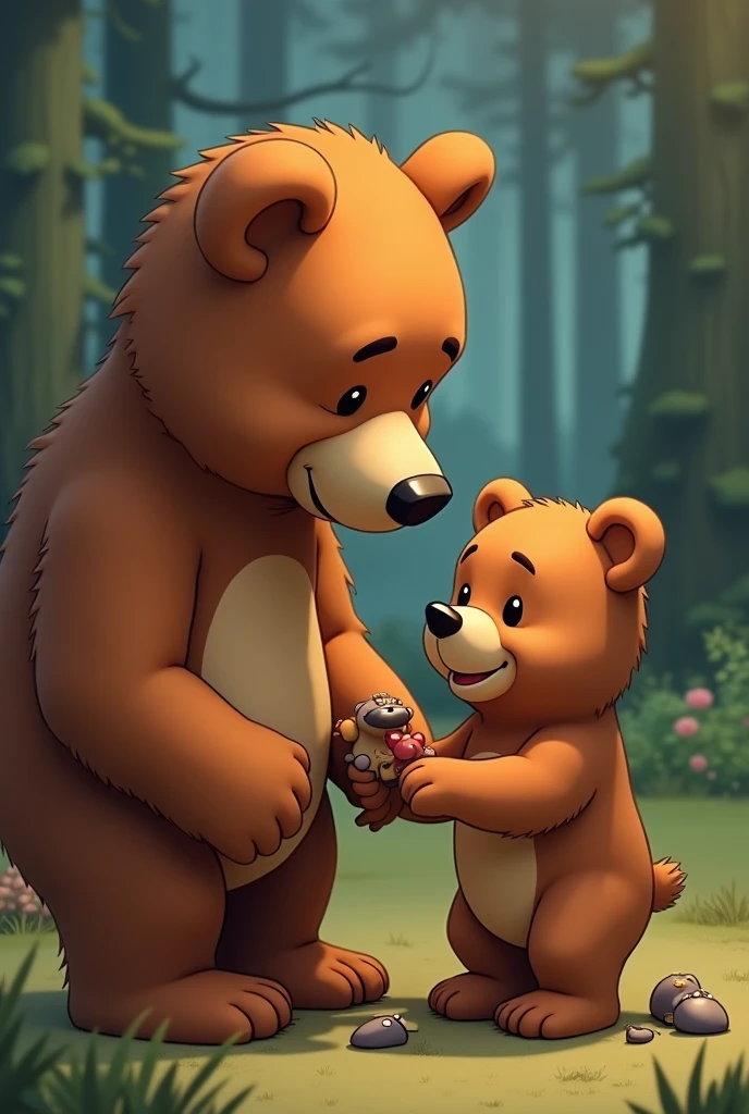 Papa and Mama bears spoiling a small animated cartoon bear