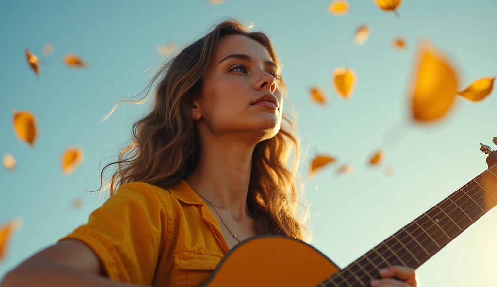 ((best quality)), ((masterpiece)),(detail), perfect face, full body shot of a young russian woman playing guitar, woman with v-line face and blue eyes, Clear face, clear guitar, latin style, yellow leafs flying across the sky, hyper-realistic photos, 8k, ultra high resolution,sharp faces