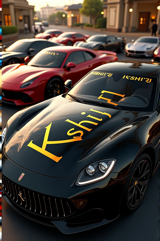 Make a realistic image in which KSHITIJ IS WRITTEN ON THE LUXURY CARS IN GOLDEN LETTERS 