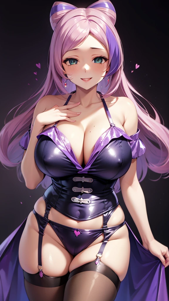 Erotic Pokemon Mimosa, tall, purple hair, curly hair, long hair, big breasts, mature married woman Purple sequin corset, off-the-shoulder garter belt, fishnet tights, black background, heart shaped bedroom, dark theme, evil, temptation, excitement, condescending smile, yandere, trance, sexy pose, upper body emphasis, upward gaze