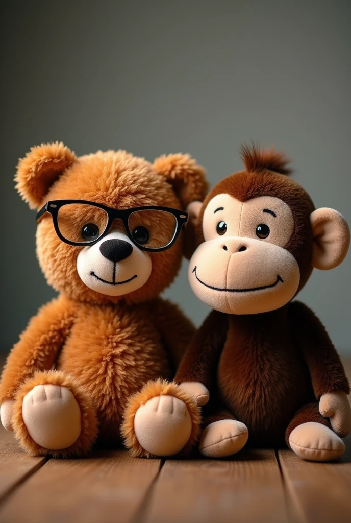 A teddy bear wearing glasses and a smiling stuffed monkey with narrow eyes are placed side by side.