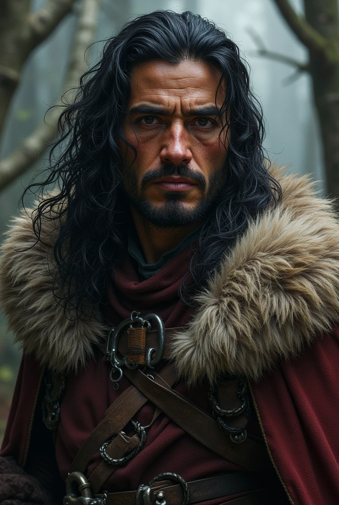  Joaquin de Almeida, medieval fantasy concept art, portrait, long black hair, ranger, wolf pelt cloak, 