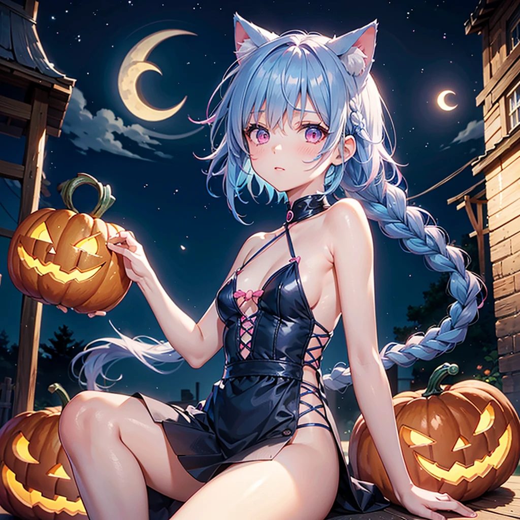 (Sky blue hair),(Braided short hair), (Pink Eyes),Fair skin) ,(whole body),(One Girl),(Crescent Moon),(There are lots of pumpkin ghosts in the background),Cat ear,Cat&#39;s Tail,(Sailor suit),(Ahegao),(Fall into Darkness),If you don't give me sweets, I'll play a prank on you.),Halloween Night Party),(masterpiece, Highest quality, Very detailed, Best Shadow), (Detailed Background), (Beautifully detailed face), High Contrast, (Best lighting, Very delicate and beautiful), ((Cinematic Light)), Hyper Detail,8k, Dramatic Light, Intricate details,night,(Bats flying in the background),Pumpkin handbag,There are sweets in the bag,High quality