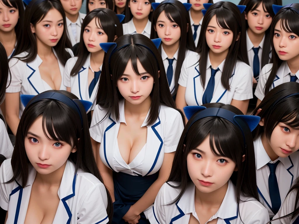 (8k, Ultra-high resolution, Highest quality, masterpiece: 1.2), (Insincere laughter), (avoid), (16 years old: 1.5), Japanese girl, beautiful girl, born々new portrait, Realistic, Fun expression, smile, Bright atmosphere, Highest quality, (Huge breasts, Cleavage: 1.8), (J-Cup: 1.8), (Beautiful maid girl: 1.8), Western-style garden, Wide-angle field of view, (Natural skin texture, Detailed skin, Ultra Sharpness), Detailed and detailed, The depth of the written world is shallow, Very bright lighting, ((There are many cloned humans who have the exact same face and body shape as the maid girls: 1.6)), Very crowded, Super dense, Cleavage全開, aisle, spiral stage, top view