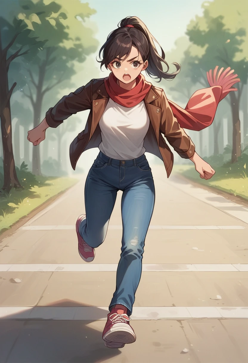 A girl in Brown leather jacket, white T-shirt, jeans and sneakers, red scarf, dark hair In Ponytail, running through London. Ultra detailed, anime, nsfw