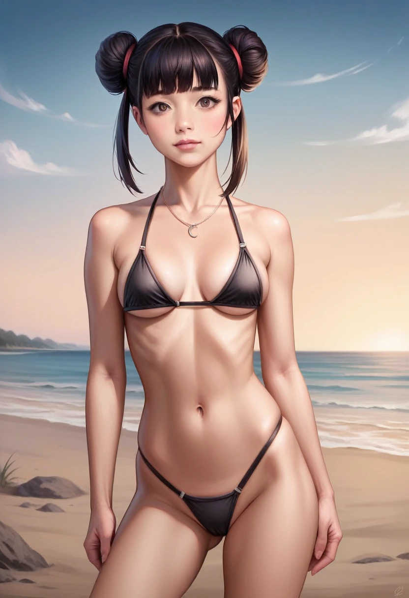 score_9, score_8_up, score_7_up, sfw, Anatomically Correct, cowboy shot, 
(best quality,4k,8k,highres,masterpiece:1.2),ultra-detailed,(realistic,photo-realistic:1.37),portrait of a skinny college girl,standing on a beach, black bikini, necklace, dark hair with 2 buns, chromatic lighting