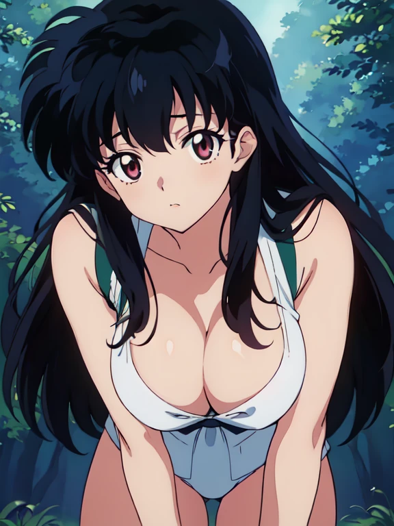 (masterpiece), 1girl, solo, standing in a forest, leaning forward, horny face, looking at viewer, kagome higurashi, front, big breasts, front, cleavage, at all fours