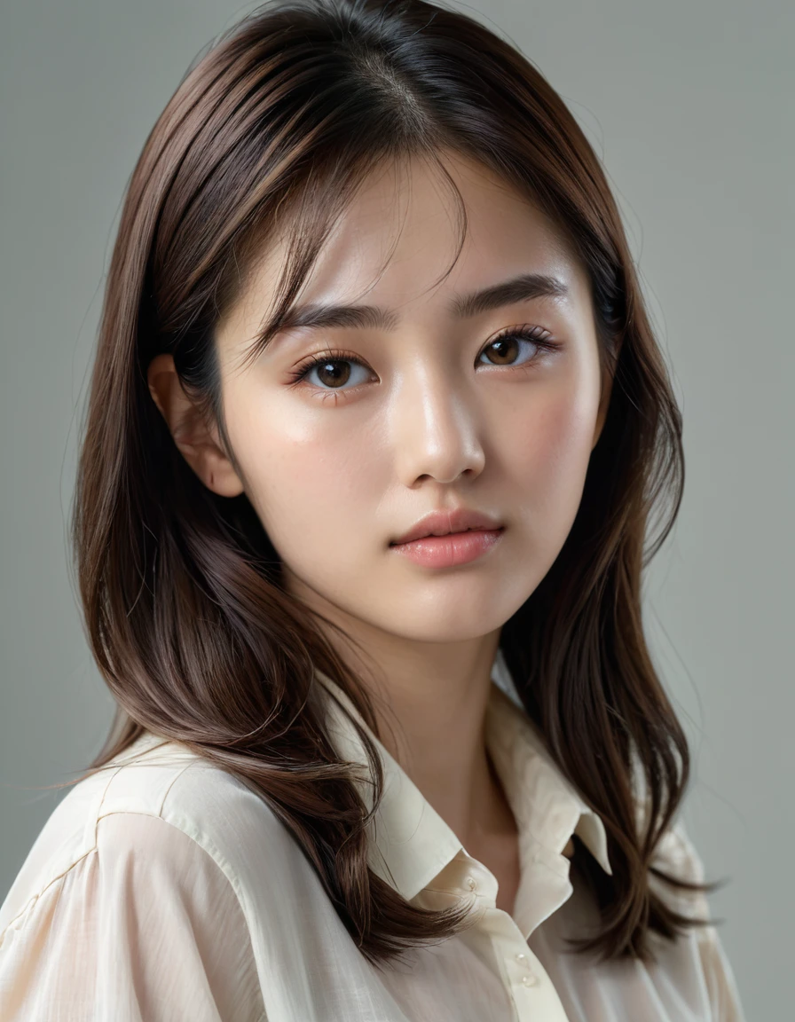 (最high quality,4K,8k,High resolution,masterpiece:1.2),Very detailed,(Ultra-realistic, Realistic,Photorealistic:1.37), RAW Photos, Close-up portrait of a 20-year-old.One beautiful girl, The most beautiful, alone, Realistic, shirt, Brown Hair, (Skin with attention to detail:1.2), 8kウルトラHD, Digital SLR, Soft lighting, high quality, Film Grain, Fujifilm XT3, Very detailed背景