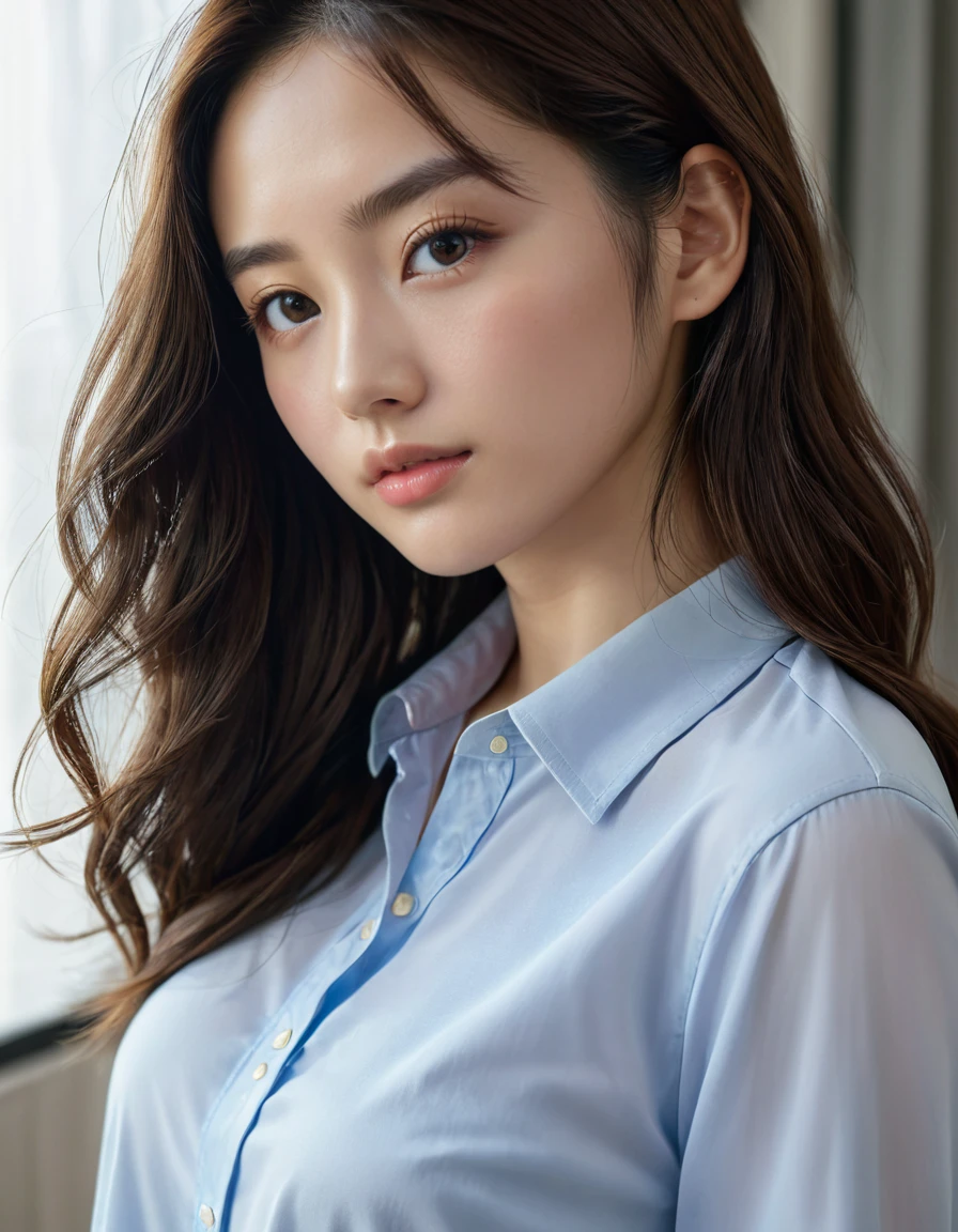 (最high quality,4K,8k,High resolution,masterpiece:1.2),Very detailed,(Ultra-realistic, Realistic,Photorealistic:1.37), RAW Photos, Close-up portrait of a 20-year-old.One beautiful girl, The most beautiful, alone, Realistic, shirt, Brown Hair, (Skin with attention to detail:1.2), 8kウルトラHD, Digital SLR, Soft lighting, high quality, Film Grain, Fujifilm XT3, Very detailed背景